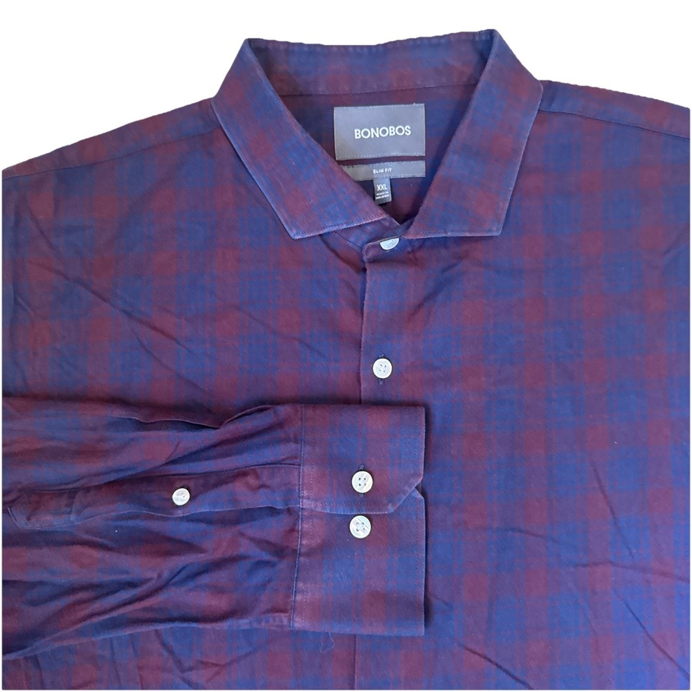 BONOBOS Shirt Mens XXL Slim Fit‎ Blue Red Button Down Flannel Long Sleeve